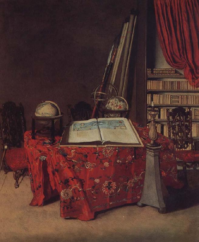 Jan van der Heyden Globe still life of books and other